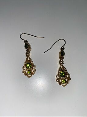Gold Filigree Drop Earrings with Green Stones